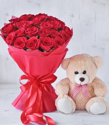 Roses Flower Bouquet - 18 Red Roses with Teddy Bear